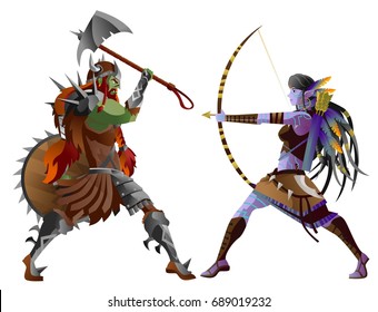 fantasy orc troll against a purple dark warrior elf svg
