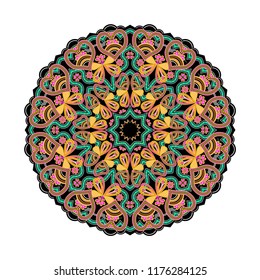 Fantasy oriental ornament done in kaleidoscopic style. Geometric circle vector image.