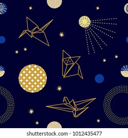Fantasy origami in the dark sky. Seamless vector pattern with paper birds, stars and satellite. Golden on blue. Universe collection. 