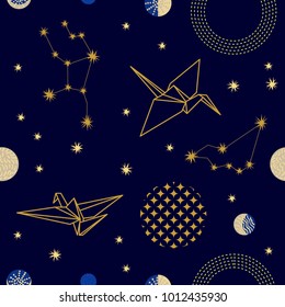 Fantasy origami in the dark sky. Seamless vector pattern with paper birds, stars and comets. Golden on blue. Universe collection. 