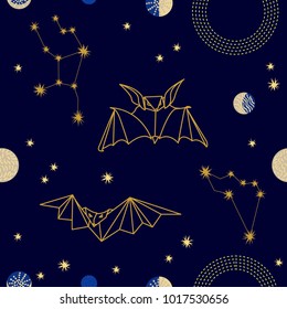Fantasy origami in the dark sky. Seamless vector pattern with paper bats, planets and constellations. Golden on dark blue. Universe collection. 