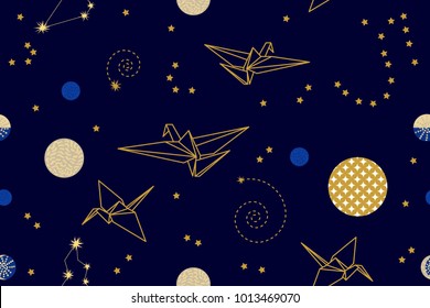 Fantasy origami flying in the dark sky. Seamless vector pattern with paper birds, stars and constellations. Golden on blue. Universe collection. 