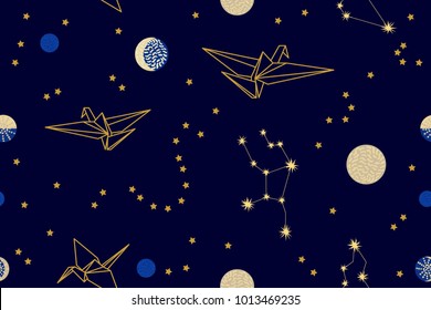 Fantasy origami flying in the dark sky. Seamless vector pattern with paper birds, stars, planets and constellations. Golden on blue. Universe collection. 