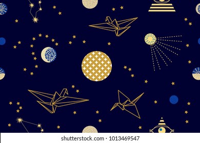 Fantasy origami flying in the dark sky. Seamless vector pattern with paper birds, stars, satellite and constellations. Golden on blue. Universe collection. 