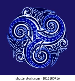 Fantasy ornament with Celtic disk and Triskele symbol. Breton folk ethnic sign. Print for logo, icon, fabric, embroidery, decoration. Geometric circle triple spiral.