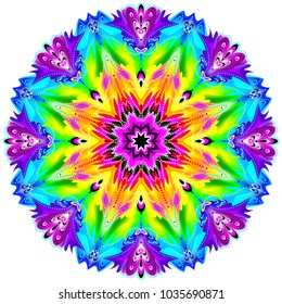 Fantasy ornament done in kaleidoscopic style. Stylized illustration of flower. Geometric circle image.