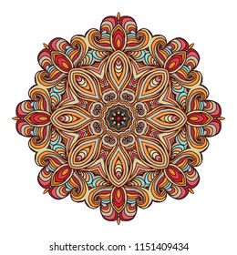 Fantasy ornament done in kaleidoscopic style. Vector geometric circle element. Mandala for decoration holiday cards, background and sites. Kaleidoscope, medallion, yoga, India, arabic