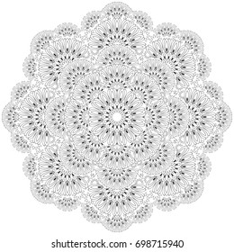 Fantasy ornament done in kaleidoscopic style. Stylized flower made from fractals. Black and white vector image for coloring.