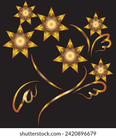 Fantasy ornament with flowers and leaves. Bouquet of flowers. Gold gradient on a black background for printing on fabric, applique and cards