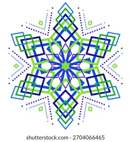 Fantasy ornate polygonal snowflake vector illustration. Geometrical bright blue green mandala on white background. Star with six rays. Isolated winter holidays decorative design element