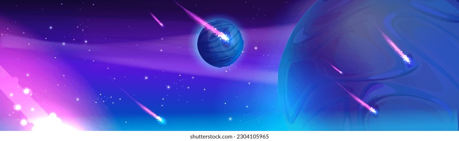 Fantasy outer space background with alien planets and shooting stars. Vector cartoon illustration of beautiful blue cosmic galaxy, comets flying with neon light tails. Magic adventure game backdrop