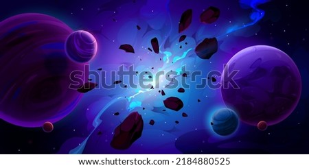 Fantasy outer space background with alien planets, stars and explosion with smoke and flying stones. Vector cartoon illustration of galaxy with fantastic nebula