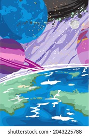 Fantasy Outer Space Illustration  with Planets, Stars, Galaxy and Interdimentional Portal for Print, Background, Tshirt and Book Cover