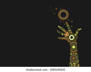 Fantasy painted hand with bright ethnic ornament of circles and dots. Isolated on black background. Creative event, festival, holiday, party, exhibition, show placard or poster. Magic vector concept
