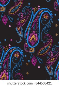 Fantasy paisley seamless pattern on black background for fabric, textile, wrapping paper, wallpaper, cards