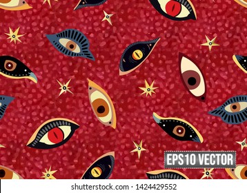 Fantasy Paisley Style Monster Doodle Eyes With Stars On Red Dotted Background Seamless Pattern EPS10 Vector