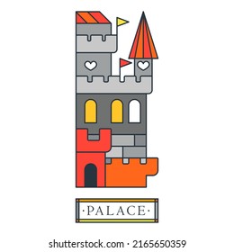 Fantasy palace with towers and flags. Medieval heart dragon fortress. Red and yellow and black art illustration