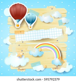 Fantasy panel with hot air balloons and copy space. Vector illustration 