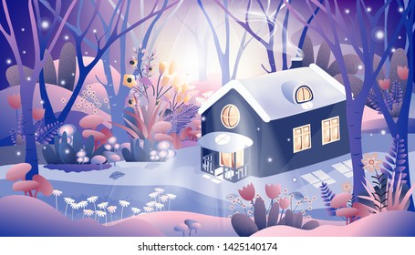 Fantasy panorama landscape of magic forest with fairy tale cottage in purple pastel tone, Vector cartoon illustration of fantasy dark forest at night with fireflies, Nature forest with magical trees 