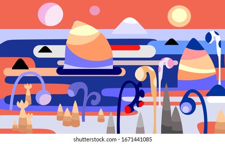 Fantasy panorama landscape vith mountains and exotic plants. Colorful cartoon illustration.