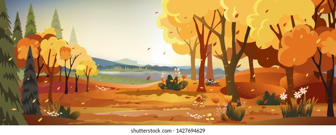 Fantasy panorama landscapes of Countryside in autumn,Panoramic of mid autumn with farm field, mountains, wild grass and leaves falling from trees in yellow foliage. Wonderland landscape in fall season