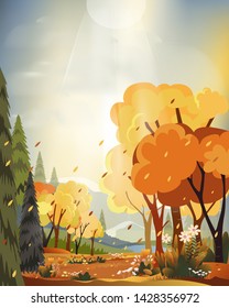 Fantasy panorama landscapes of Countryside in autumn,Panoramic of mid autumn with farm field, mountains, wild grass and leaves falling from trees in yellow foliage. Wonderland landscape in fall season