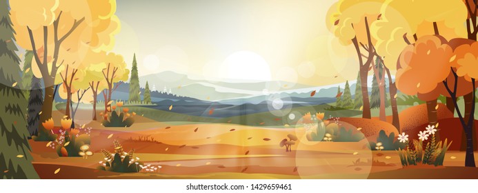 Fantasy panorama landscapes of Countryside in autumn,Panoramic of mid autumn with farm field, mountains, wild grass and leaves falling from trees in yellow foliage. Wonderland landscape in fall season