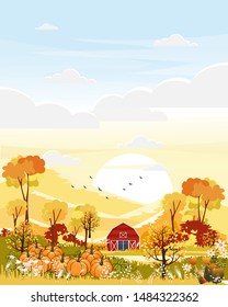 Fantasy panorama landscapes of Countryside in autumn,Panoramic of mid autumn with farm field, mountains, wild grass and leaves falling from trees in yellow foliage. Wonderland landscape in fall season