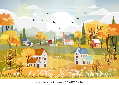 Fantasy panorama landscapes of Countryside in autumn,Panoramic of mid autumn with farm field, mountains, wild grass and leaves falling from trees in yellow foliage. Wonderland landscape in fall season