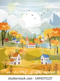 Fantasy panorama landscapes of Countryside in autumn,Panoramic of mid autumn with farm field, mountains, wild grass and leaves falling from trees in yellow foliage. Wonderland landscape in fall season