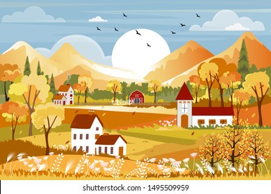 Fantasy panorama landscapes of Countryside in autumn,Panoramic of mid autumn with farm field, mountains, wild grass and leaves falling from trees in yellow foliage. Wonderland landscape in fall season