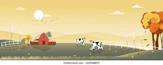 Fantasy panorama landscapes of Countryside in autumn,Panoramic of mid autumn with farm house  with the sun and clear sky. Wonderland landscape on fall season in orange foliage.