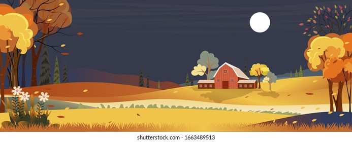 Fantasy Panorama Landscapes Of Countryside In Autumn,Panoramic Of Mid Autumn With Farm House  With Full Moon At Night. Wonderland Landscape On Fall Season In Orange Foliage.