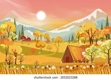 Fantasy panorama landscapes of Countryside in autumn,Panoramic of mid autumn with farm field, mountains, wild grass and leaves falling from trees in yellow foliage. Wonderland landscape in fall season