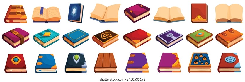 Fantasy paper book icons set cartoon vector. Hard cover. Magic gems