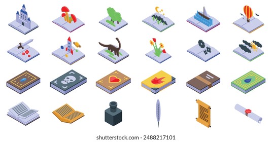 Fantasy paper book icons set. Open books are showing different stories and genres with isometric illustrations, representing the power of imagination and the diversity of literature