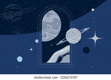 Fantasy-Paralleluniversum-Portal mit Astronaut und Planeten, Sterne im Hintergrund. Horizontales Design