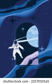 Fantasy parallel universe portal with astronaut and planets, stars in the background. Vertical design