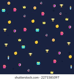 Fantasy Pattern  Artefacts Chest  Win Cup  Compass Shield   Book  Bottle  Crown  Coin Sword Trophy Treasures Armor  Vector Design Cartoon Colorful