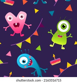 Fantasy pattern cute monster on dark background with holiday flags, ribbons for wallpaper design. Colorful pattern monster. Animal pattern.