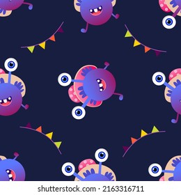Fantasy pattern cute pink monster on dark background for wallpaper design. Colorful pattern monster. Animal pattern.