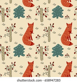 Fantasy pattern with fox in mystery forest