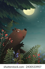 Fantasy pine forest at night with full moon and bear looking at moon. Good night story, fairytale bear animal for kids under pine tree. Vector illustration, fantasy animal character for children.