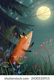 Fantasy pine forest at night with full moon and fox looking at moon. Good night story, fairytale fox animal for kids under pine tree. Vector fantasy character illustration for children.