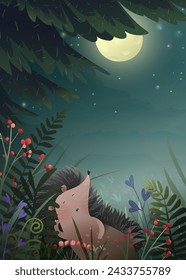 Bosque de pinos de fantasía por la noche con luna llena y erizo durmiendo. Buena historia de la noche, animal de puercoespín de cuento de hadas para los niños que sueñan bajo el pino. Ilustración vectorial, carácter animal para niños.