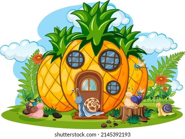 Fantasy pineapple house with cartoon snails illustration