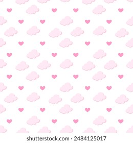 Fantasía de la nube rosa y el corazón patrón sin fisuras en el fondo de Vector pastel del cielo. Paraíso de hadas realista paisaje nublado nublado al atardecer. Dulce sueño ilustración diseño de pintura