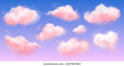Fantasy pink cloud in sky pastel vector background. Abstract 3d candy fluffy texture with gradient. Fairy paradise realistic soft cloudy sunset landscape. Sweet dream illustration painting design