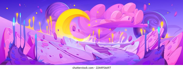 Fantasy-rosa Planetenoberfläche. Cartoon, Vektorgrafik von magischer Landschaft mit Straßen und Pflanzen, gelber Mond, fantastische Sterne, flauschige Wolken am Horizont. Dream Galaxy-Spiel, Hintergrund-Design