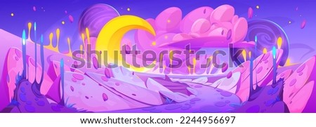 Fantasy pink planet surface. Cartoon vector illustration of magic space landscape with road and plants, yellow moon, fantastic stars, fluffy clouds on horizon. Dream galaxy game background design